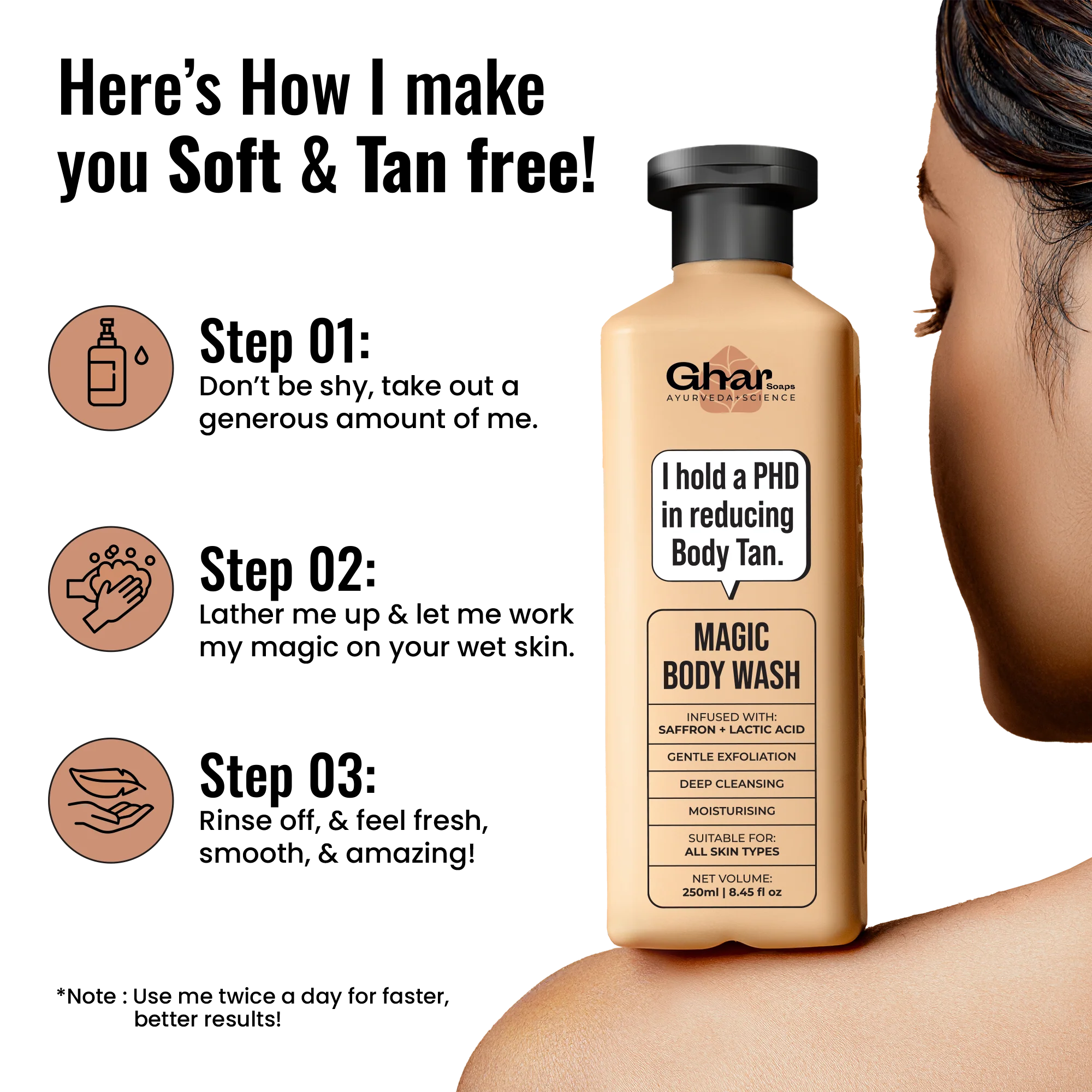 Magic De-Tan & Exfoliating Body Wash with Saffron & Lactic Acid - Image 6